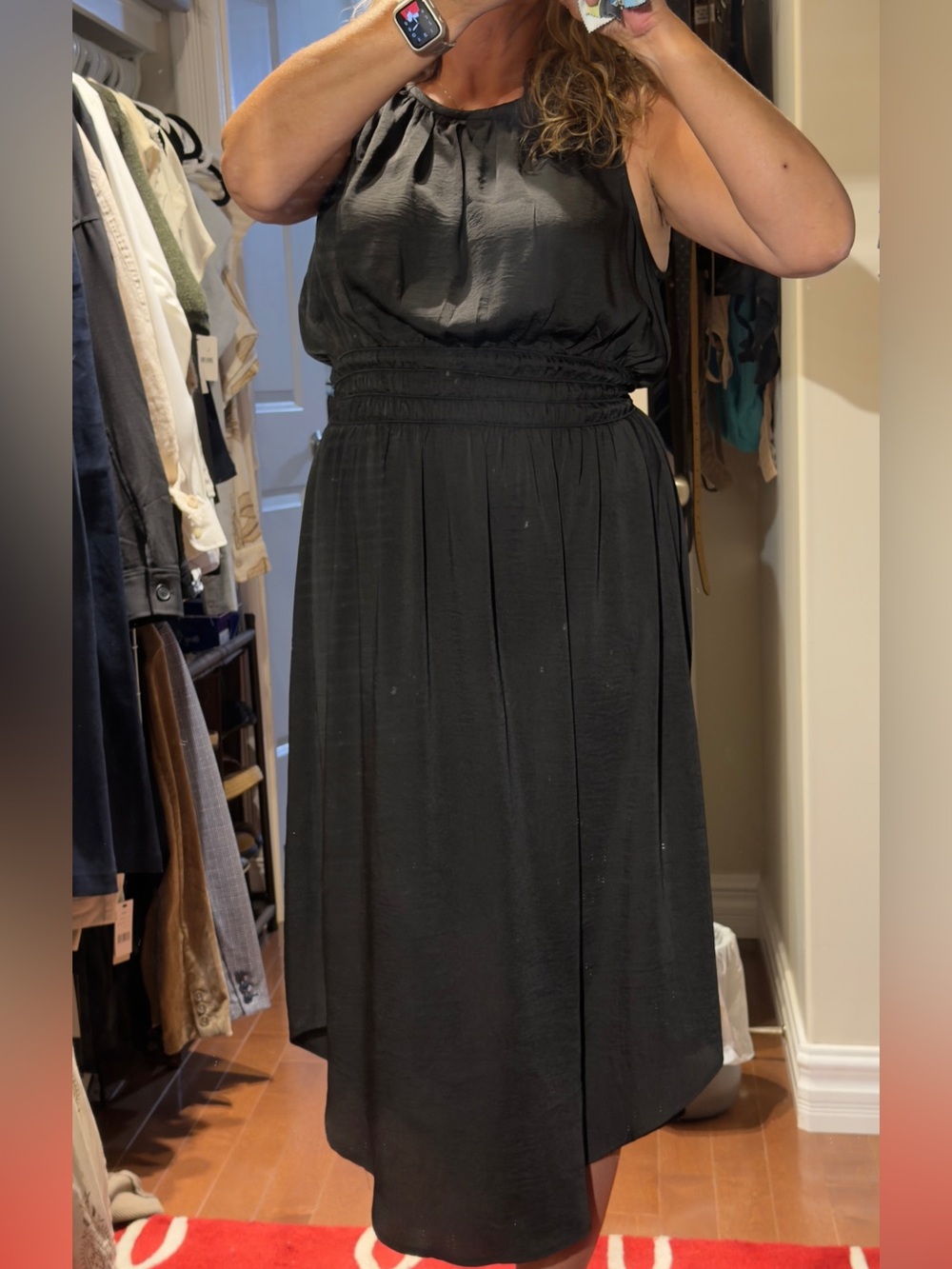 Sz L😲NWT Charlie B S 2023 Tessa Black Elegant Silky Classic Smocked Waist Dress